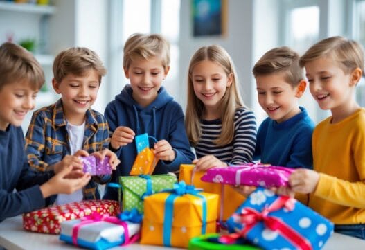 Farverig illustration af gaveideer til 12-årige, som viser sjove og populære legetøj og aktiviteter.